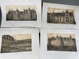 trois vieilles photos en noir et blanc d'un château doté d'une tour horloge