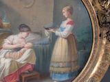 a painting of a woman feeding a baby in a room