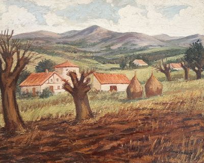 une peinture à l'huile représentant une scène de campagne avec des meules de foin au premier plan et des arbres au premier plan
