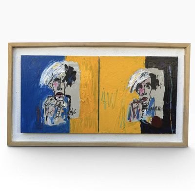 a painting of two paintings of a man and a woman on a yellow and blue background