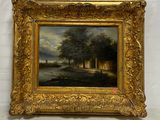 une peinture à l'huile représentant un paysage avec une rivière au premier plan et un château au loin
