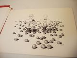 a drawing of a man and a woman standing in a field of apples