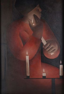 a painting of a man sitting in front of a lit candle