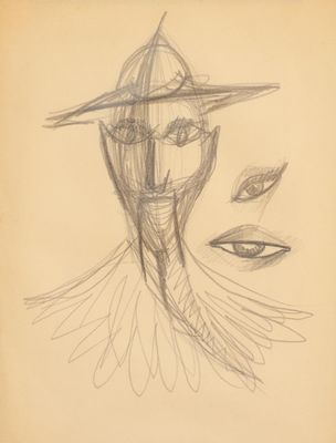 dessin au crayon représentant le visage d'une femme avec un oiseau sur la tête