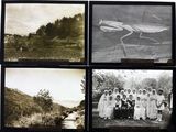 four black and white photographs of a group of people in front of a lake