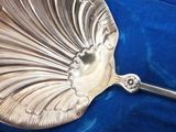 a silver spoon that is sitting on a blue cloth