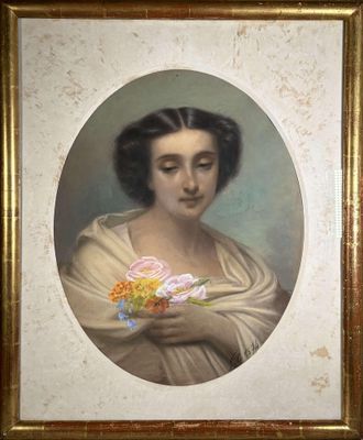 portrait d'une femme tenant un bouquet de fleurs, dans un cadre doré
