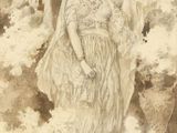 drawing of a woman in a white dress with a bird in her hand
