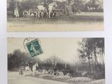 two old black and white photos of people standing in a field