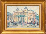 an oil painting of a horse drawn carriage in front of a building