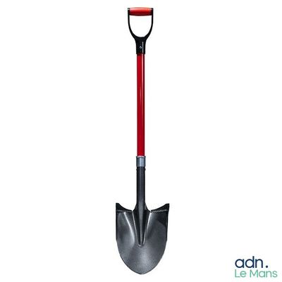 a close up of a shovel with a red handle on a white background