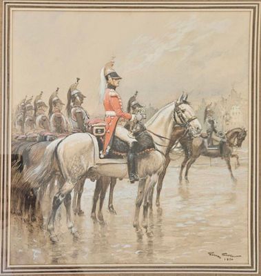 un tableau représentant un homme en uniforme à cheval