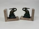 pair of art deco bookends of a crane and a heron