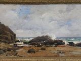 an image of a painting of a beach scene with rocks and water