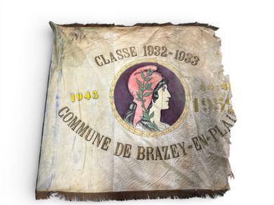 an old flag with a picture of a woman on it