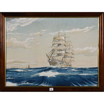 une peinture à l'huile représentant un voilier en pleine mer, avec un autre voilier en arrière-plan