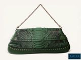 the green snake skin purse is hanging from a chain