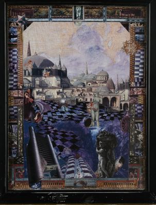 tableau représentant un homme et un chien sur un pont, avec un château en arrière-plan