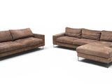 brown leather sofa and loveseat set on a white background