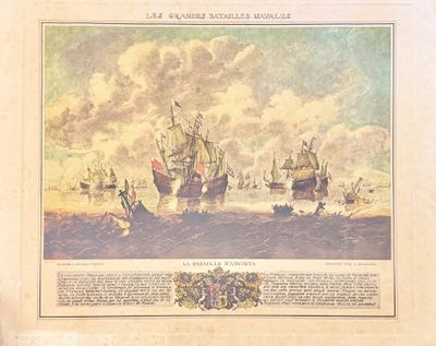 une vieille estampe représentant une bataille navale avec des navires sur l'eau