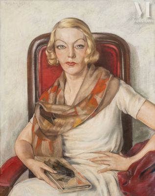 tableau représentant une femme assise sur une chaise rouge, un livre sur les genoux