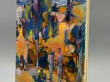 a painting of a book with a painting of people in the background