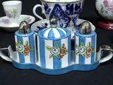 a blue and white tea set on a tray