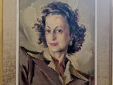 painting of a woman in a brown jacket with a brown collar