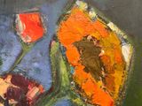 a painting of an orange flower on a blue background