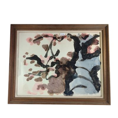 tableau représentant un arbre aux fleurs roses, dans un cadre en bois