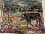 a painting of a bull and a man sitting on a bench
