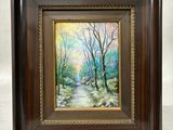 an oil painting of a forest scene with trees and a stream