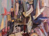a painting of a bunch of bottles and a clock on a table