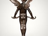 a bronze statue of an angel with wings on a marble base