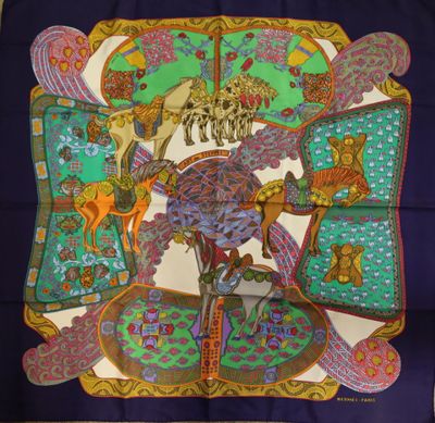 an image of a square scarf with a picture of a horse and a bird on it