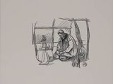 a black and white drawing of a man sitting in a tent