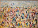 une peinture à l'huile représentant une scène de cirque avec des personnes sur une plage