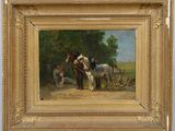 une peinture à l'huile représentant deux chevaux tirant une charrue, avec un homme à l'arrière-plan