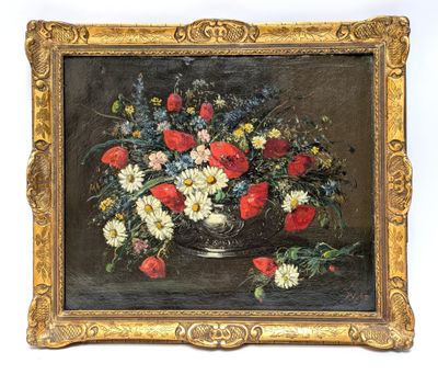 painting of a vase of flowers on a table with a white background