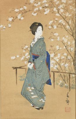 an image of a painting of a woman in a blue kimono