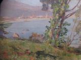 a picture of a painting of a view of a lake