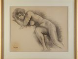 drawing of a nude woman sitting on her back in a gold frame