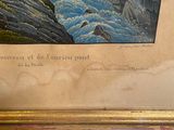 framed painting of a mountain scene with a river and a cliff