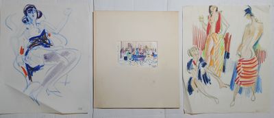 four different colored drawings of a woman sitting on a chair