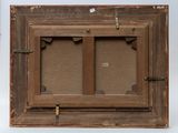 an old wooden picture frame with two open doors and a brown background