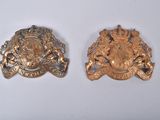 two gold colored metal badges on a white surface