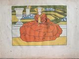 a picture of a woman in a red dress sitting on a bench
