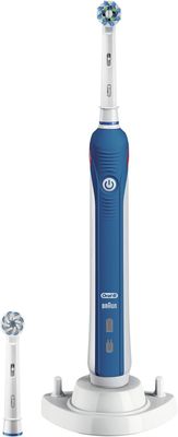 an image of a blue and white electric toothbrush with a tooth brush attachment