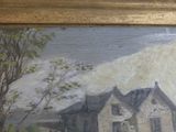 a picture of a painting of a house in a field