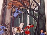 a picture of a painting of a man riding a horse in the woods